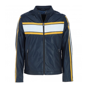 Men Premium <b>Leather</b> Racer <b>Jacket</b> Sporty Color Blocking Stand Collar Zipper Style Motorcycle Biker <b>Jacket</b> For Rider - Product Image 1