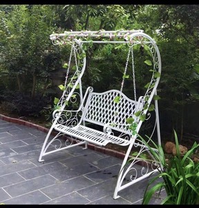 Ornate Wrought Iron Swing - Antique Metal Hanging <b>Bench</b> <b>Seat</b> with Adjustable Chains for Elegant Outdoor Garden & Patio Decor - Product Image 1