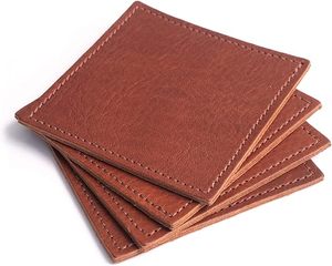 New Design Leather <b>Coasters</b> - Premium Full Grain Leather, Double Layered Square Rustic Brown <b>Coaster</b> <b>Set</b>, 4”x4” - Handmade - Product Image 4