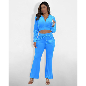 Conjunto de dos piezas de terciopelo: top corto y pantalones jogger con capucha, cremallera frontal completa, tela suave y transpirable, bolsillos laterales, chándal de terciopelo con top corto. - Product Image 2