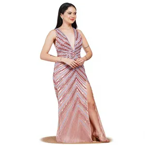 Wholesale Sexy Plunging Neckline Sparkly Sequin Maxi Dress High <b>Thigh</b> Split Mermaid Long Floor-Length Gala Dinner Gown - Product Image 4