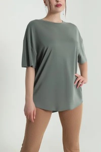 Camiseta de Cuello Alto EVER GLOW para Mujer, Color Sólido, Hombros Caídos, Corte Regular, Manga Corta, 100% Algodón, Transpirable, Verano - Product Image 3