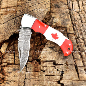 Canadian Flag Handle Custom Damascus Steel Folding Knife Razor Sharp Pocket Hunting Knife Leather Sheath OEM ODM Manufacturer - Product Image 4