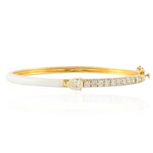 14K <b>Gold</b> Half Diamond Half White Enamel <b>Bangle</b>-Oval Cut Wedding & Anniversary Gift - Product Image 1
