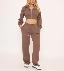 <b>Women's</b> <b>Red</b> Cropped <b>Hoodie</b> Zip-Up Sweatshirt Full Sleeve Solid Color Knitted Cotton Autumn Wear - Product Image 1