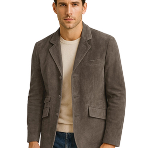 <b>Men's</b> Brown Herringbone Wool Jacket with Leather Sleeves Turn-Down Collar Winter <b>Coat</b> - Product Image 4