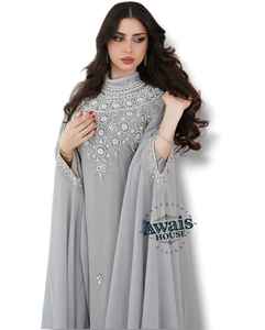 Awais House Women's Grey Beaded Embroidery Polyester Fiber <b>Chiffon</b> Floor-Length Modest Evening Dress V-neck Full Sleeve Natural - Product Image 5