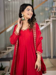 Ensemble Anarkali en coton et polyester brodé rouge, respirant et à séchage rapide, pour femmes, kurta, dupatta, costume indien/pakistanais pour mariage ou fête - Product Image 6
