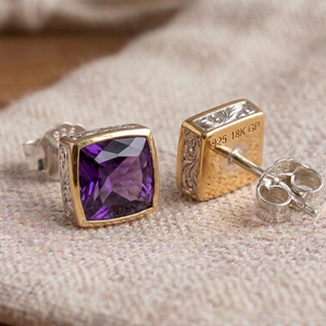 Blue <b>Amethyst</b> Cushion Cut CZ <b>Earrings</b> 10MM – 925 Sterling Silver 18K Gold Plated Classic Jewelry Everyday Wear - Product Image 1