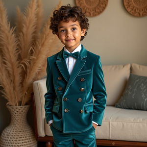 Boys Teal Blue Double Breasted 2 Piece Suit | <b>Kids</b> Wedding Suit | <b>Ring</b> Bearer Formal Blazer Set | Custom Made - Product Image 2