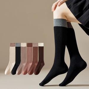 Contrast Cuff Knee High Socks Ribbed Cotton Long Stockings Soft Breathable Calf Length Hosiery Casual School Style Socks - Product Image 1
