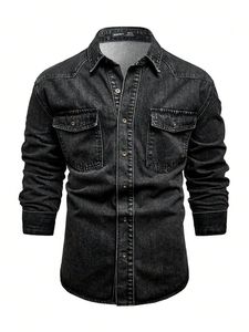 Chemise en jean délavé pour homme, manches longues, boutonnée, style décontracté vintage, avec poches, 100 % coton, col rabattu, pour l'automne et l'hiver - Product Image 3