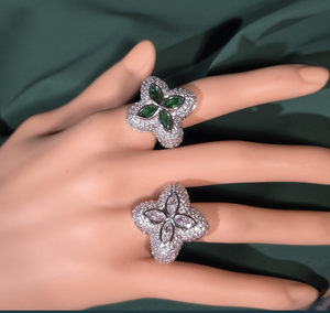 Bague Trèfle à Quatre Feuilles en Zircon Vert, Bande Fleurie Marquise, Bijou en Cuivre pour Mariage et Cadeau de Fête - Product Image 1