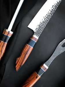 Handmade Carbon Steel <b>Knife</b> <b>Set</b> With Wood Handle 3-Piece Includes Chef <b>Knife</b> Fork And Skewer <b>Sharp</b> And Durable For Kitchen Use - Product Image 4