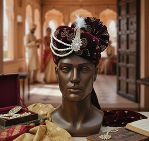 Turban de marié en velours bordeaux fait main, style indien, avec Kalangi perlé, style royal Rajput, couvre-chef de mariage Safa, vente en gros - Product Image 4