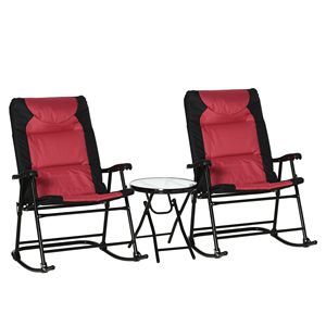 3 pezzi Set di mobili da esterno da giardino in stile bistrot tavolino in vetro rosso 2 sedie a dondolo imbottite per balcone portico - Product Image 1