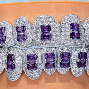 Éblouissant violet émeraude coupe glacé Hiphop personnalisé Grillz pour les dents 925 argent Sterling Buss Down Moissanite Grillz - Product Image 2