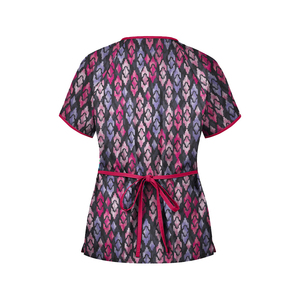 2026 Women's Scrub Top With Pink And Purple Geometric Pattern Short Sleeve V-Neck Hospital Uniform Top - Product Image 6
