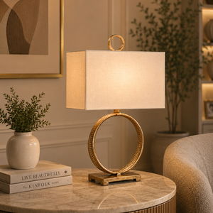 Lampe de table en métal Luna Arc avec cadre en fer courbé, abat-jour en lin de qualité supérieure, éclairage ambiant chaud pour les intérieurs modernes - Product Image 2
