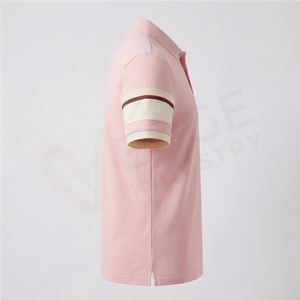 Men's <b>Pink</b> Short Sleeve <b>Polo</b> <b>Shirt</b> Solid Color Pique Knitted Casual Breathable Regular Fit With Striped Sleeves - Product Image 3