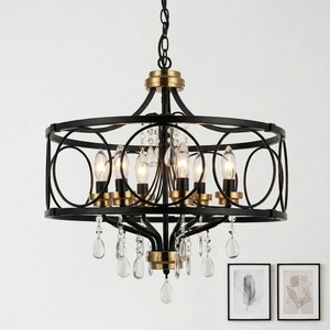 Lustre Moderne en Cristal Noir et Or, Suspension Plafond Luxe en Métal, Lampe Suspendue Contemporaine, Lustre Cage Ronde - Product Image 4
