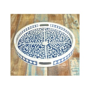 ถาดเสิร์ฟลายดอกไม้ฝังกระดูกงาช้างทรงกลม งานแฮนด์เมด ถาดเรซิ่นสีน้ำเงิน สำหรับตกแต่งบ้านในช่วงรอมฎอนและอีด ขายดี - Product Image 1