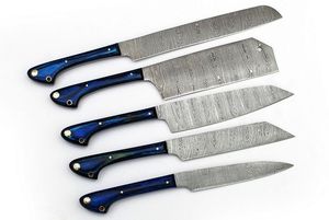 Juego de 5 Cuchillos de Cocina Hechos a Mano de Acero de Damasco con Hoja Recta y Punta Caída, con Mangos de Madera Azul, Personalizables OEM/ODM/OBM - Product Image 4