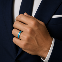 Bague en carbure de tungstène brossé argenté de 8 mm sur mesure avec incrustation d'opale bleue éclatante pour hommes – Vente en gros