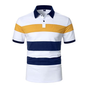 Mens Color Block <b>Polo</b> Shirt <b>White</b> Blue Yellow Stripe Short Sleeve Breathable Cotton Blend Casual Wear - Product Image 2