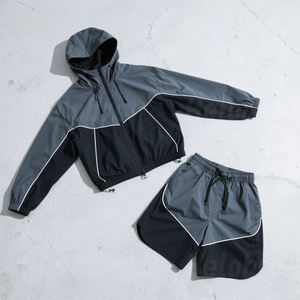 Men's Hooded Color Blocking <b>Windbreaker</b> Jacket Shorts Set Sporty Quick Dry Tracksuit Spring Outerwear Lightweight Gray <b>Black</b> - Product Image 1