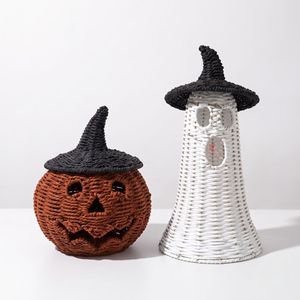 Cesta de mimbre de Halloween con diseño de calabaza y fantasma, plato decorativo para servir, decoración de mesa para fiestas, decoración de paja tejida - Product Image 1