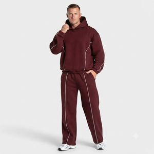 OEM Custom Men's Burgundy <b>Oversized</b> Contrastline Tracksuit Set Premium Quality Cotton Fleece Hoodie & Wide Leg <b>Sweatpants</b> - Product Image 1