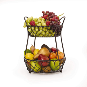 2-Tier Fruit <b>Basket</b> for Kitchen Counter Metal Wire Fruit & <b>Vegetable</b> Stand with Wooden Handle Tabletop Organiser for Table - Product Image 1
