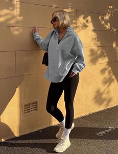 Stylish Women Quarter <b>Zipper</b> <b>Sweatshirt</b> Cotton Fleece Half Zip Pullover Oversized Drop Shoulder Casual Fashion Wear - Product Image 3