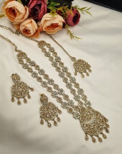 Traditional Flower Motif Dual Layer Long Necklace Earrings And Mangtika <b>Set</b> <b>For</b> Women Designer Fashion <b>Jewellery</b> <b>Set</b> Collections - Product Image 4