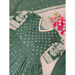 DESIGNER GEORGETTE BRODERIE SEQUENCE TRAVAIL ROBE BAS AVEC DUPATTA PERROT VERT - Product Image 1