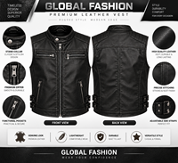 Gilet moto en cuir PU noir pour homme, col montant, fermeture éclair, couleur unie, grande taille, coupe classique