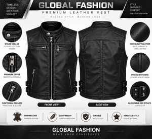 <b>Men's</b> Black PU <b>Leather</b> Moto <b>Vest</b> Stand Collar Zipper Closure Solid Color Plus Size Outerwear Regular Fit - Product Image 5