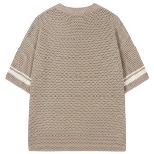 Crochet Knitted Contrast Stripe <b>T</b>-<b>Shirt</b> <b>Brown</b> Short Sleeve Textured Knit Summer Casual Breathable Crew Neck Top - Product Image 2