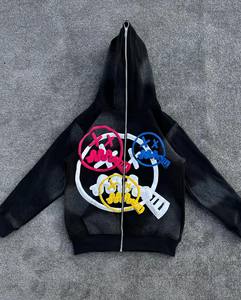 Conjunto de Sudadera con Capucha y Cremallera Completa Personalizada con Logotipo Bordado en Chenille y Estampado Puff, para Hombre, Informal, de Algodón, Efecto Desgastado por el Sol, Unisex, para Otoño - Product Image 1