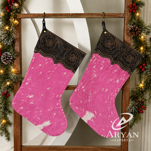 Handmade Pink Cowhide Leather Christmas Stocking with Brown Floral Tooled Cuff Soft <b>Stitched</b> Western Holiday Decorative <b>Gift</b> - Product Image 1