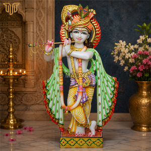 Estatua de Krishna de Mármol |   Murti artesanal del Señor Krishna tomando la flauta |   Ídolo de Krishna de mármol blanco colorido |   MALIYAS - Product Image 1