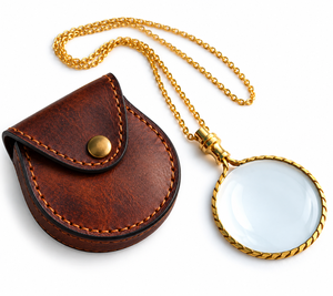 Lupa de Lectura Portátil Vintage de Latón con Cadena Dorada y Estuche de Cuero Marrón, Monocle Redondo Colgante - Product Image 1