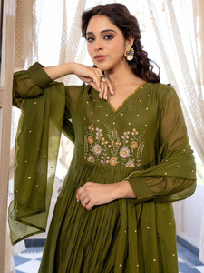 <b>Women</b> Olive Green Silk Blend Embroidered Knee-Length Quick Dry Digital Print <b>Kurta</b> Set Trousers Traditional Indian Pakistani - Product Image 3