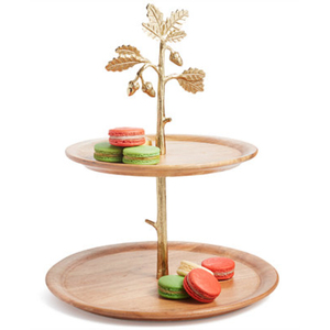 Support à gâteau de luxe à 2 niveaux en bois avec poignée en feuille d'or et base en forme de branche, présentoir à desserts moderne en bois d'acacia pour la décoration de fêtes et d'hôtels - Product Image 3