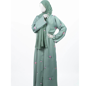 Private Label Modest Women <b>Abaya</b> <b>Dress</b> in Satin Plaid with Embroidered Cuffs and Matching Belt Design Floor-Length - Product Image 2