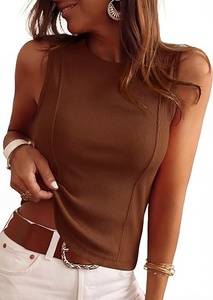 <b>Women</b> Brown Halter Sleeveless <b>Knitted</b> <b>Tank</b> <b>Top</b> Solid Color Casual Breathable Regular Length Spandex Cotton Mix - Product Image 4