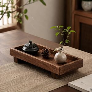 Plateau rectangulaire en bois massif fait main avec pieds, en noyer, pour thé, style minimaliste Japandi, décoration zen pour la maison, cadeaux - Product Image 1
