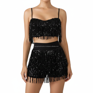 Costume de danse personnalisé pour femmes, noir, à franges et sequins, ensemble 2 pièces, haut court et short, pour spectacle sur scène, OEM - Product Image 1
