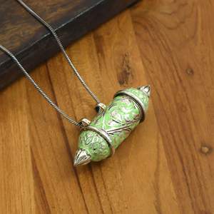 Openable Cylinder Locket Pendant Necklace Brass Antique Silver Green Enamel Floral Engraved Prayer <b>Box</b> <b>Keepsake</b> Indian Jewelry - Product Image 5